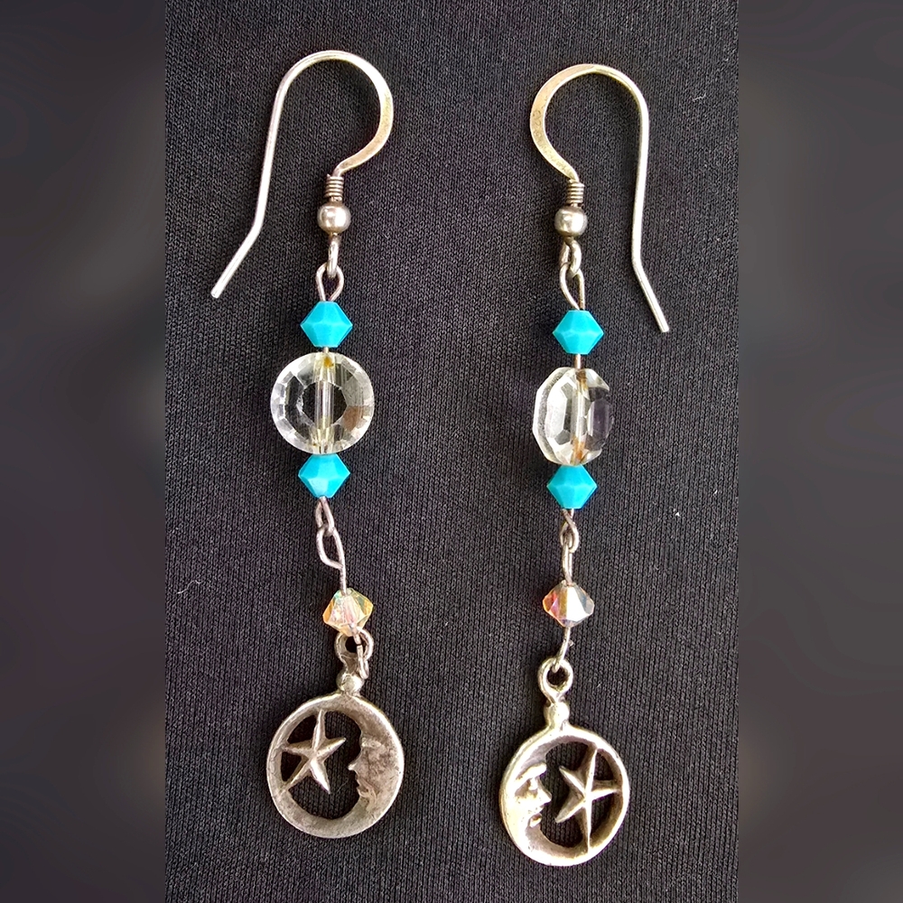 Silver and Blue Star Moon Dangle Earrings